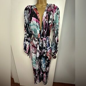 JAASE Multicolored  Rayon Floral Cold Shoulder Asymmetrical Slit MaxiDress NWT M